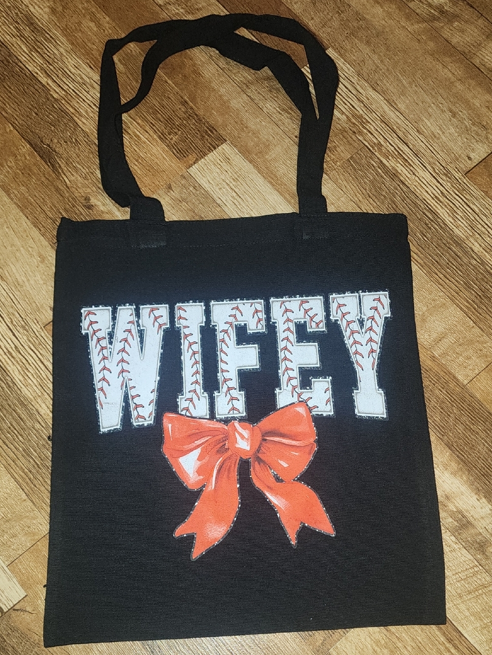 Black 'Wifey' Tote Bag with Red Bow. 13x15